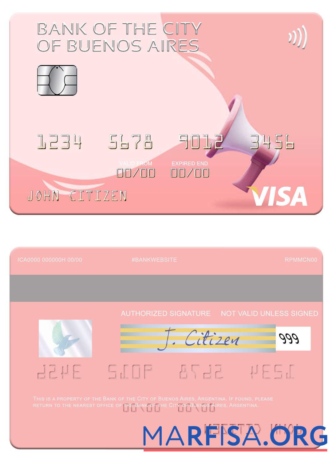 Realistic Argentina Bank of the City of Buenos Aires visa card real example